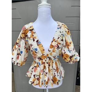 Abercrombie & Fitch Linen Fall Floral Peplum Top Women’s XSmall Puff Sleeve Boho
